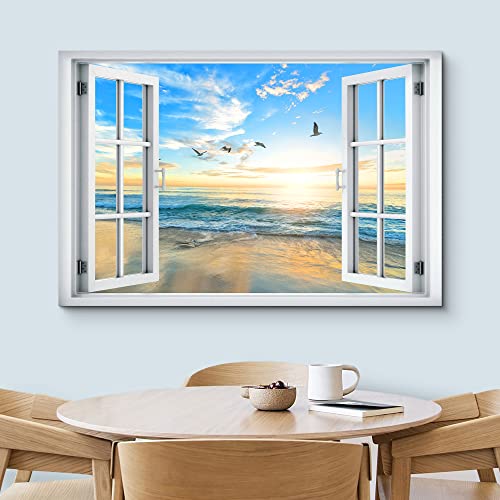 wall26 Canvas Print Wall Art Window View Birds Flying Sunset Ocean Beach Horizon Wilderness Nature Photography Realism Scenic Landscape Colorful Multicolor for Living Room, Bedroom, Office - 12"x18" - color: A001-2204-slm05, size: 18"L x 12"W