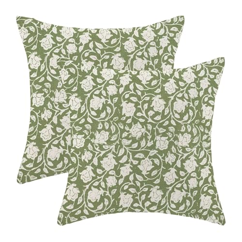 Sage Green Floral Throw Pillow Covers 18x18 Set of 2, Neutral Vintage Decorative Pillow Cover Flower Print Linen Outdoor Cushion Cover Floral Pillowcase for Sofa Couch Farmhouse Room - color: Floral Green, size: 18" x 18" (Pack of 2)