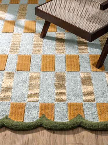 Hand-Tufted Wool Rug with Scalloped Edges, Light Blue Plaid Pattern, Cozy Soft Area Rug for Living Room, Bedroom, and Nursery, Handmade Modern Accent Rug, 7x7 Ft (Round) - color: Light Blue, Beige, Green, size: 7x7 Ft (Round)
