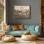 Framed Mountain Landscape Wall Art Boho Floral Sunrise Forest Canva Painting Modern Nature Wilderness Pine Tree Field Poster Rustic Wildflower Scenic Picture Decor for Living Room Bedroom 12x16 Inch - size: 12"L x 16"W
