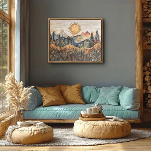 Framed Mountain Landscape Wall Art Boho Floral Sunrise Forest Cava Painting Modern Nature Wilderness Pine Tree Field Poster Rustic Wildflower Scenic Picture Decor for Living Room Bedroom 16x24 Inch - size: 16"L x 24"W