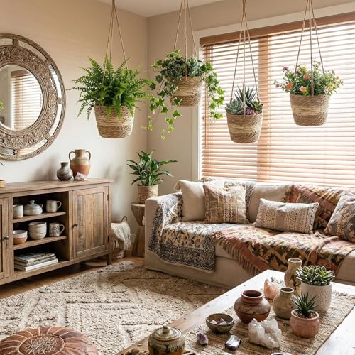 6 Pcs Seagrass Hanging Planter Basket Hand Woven Plant Basket with Plastic Liners Hanging Plant Holder Storage Containers with Cotton Rope for Indoor Outdoor Garden Home Decor(Beige) - color: Beige, size: Small
