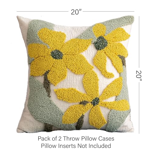 Summer Floral Throw Pillow Covers 20x20 Inch Set of 2, Chenille Embroidered Pillowcase with 3D Tufted Yellow Flowers Sage Green Leaves, Boho Decorative Cushion Covers for Couch Sofa Bed - color: Yellow, size: 20" x 20" (Pack of 2)