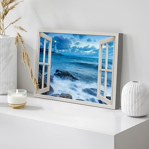 wall26 Canvas Print Wall Art Window View Navy Blue Ocean Waves Nautical Coastal Decor Nature Wilderness Photography Digital Art Realism Decorative Rustic Landscape Colorful for Bedroom - 12"x18" - color: A34-2307-slm05, size: 18"L x 12"W