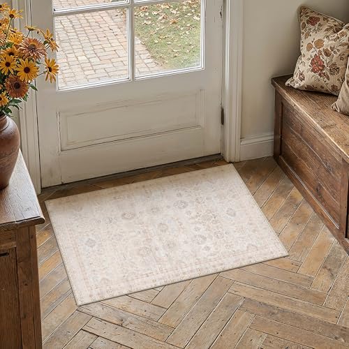 2x3 Washable Neutral Area Rug for Entryway Beige Non Slip Soft Thin Throw Rug Floral Durable Low Pile Carpet Modern Stain Resistant Door Mat for Living Room Laundry Kitchen Office Playroom - color: Accent | Beige Multi, size: 2'x3'
