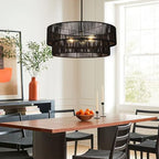 Black Boho Rattan Chandelier 23.6'' Hand Woven Chandelier Light Fixture 3-Light Farmhouse Drum Pendant Light for Dining Room Bedroom Kitchen Hallway Foyer - color: 23.6" Black Rattan