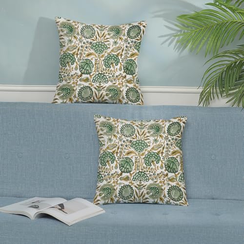 Boho Throw Pillow Covers 18x18 Inch 2 Pcs Sage Green Yellow Vintage Floral Decor Pillow Covers Flower Spring Summer Outdoor Seasonal Decorative Pillowcase Linen Cushion Cover for Couch Sofa - color: Boho Green Yellow Floral, size: 18" x 18" (Pack of 2)
