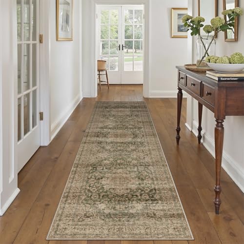 2x8 Washable Runner Rug Green Brown Vintage Non Slip Soft Low Pile Hallway Kitchen Rug Distressed Oriental Carpet for Laundry Bathroom Bedroom Living Room Home Decor - color: Green/Brown, size: 2' x 8' (Runner)