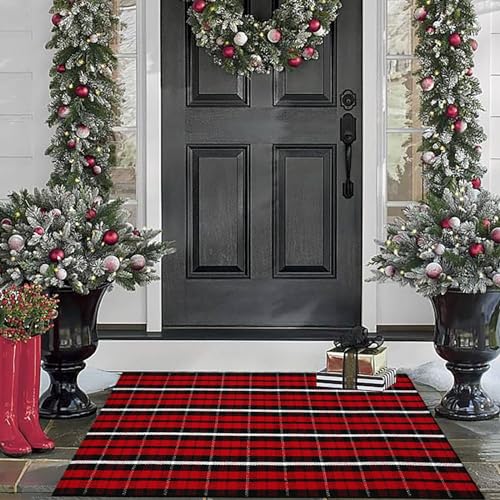 Christmas Plaid Outdoor Rug, 2'4" x 3'7" Red & Black Check Indoor/Outdoor Area Rug, Layering Rug for Hello/Welcome Door Mat, Machine Washable Cotton Woven Farmhouse Mat for Front Porch Décor - color: Christmas Plaid, size: 2'4" x 3'7" (Rectangular)
