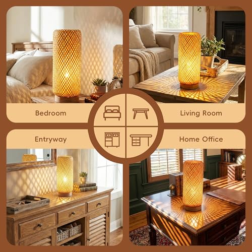 Behemian Bamboo Table Lamp, Dimmable Rustic Farmhouse Hand Wicker Desk Lamp Bedside Lamps Night Light Decorations for Bedroom, Living Room, Home Office, Nursery, Reading Nook (Bulb Included)