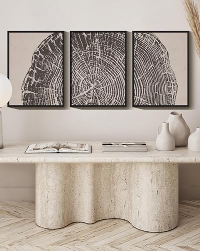 PHOPAGO Farmhouse Vintage Framed Wall Art Set Gray Wood Tree Ring Spirals Nature Abstract Drawings Rustic Modern Art Decor for Living Room Bedroom - 11x14in Black Framed - color: Oak Tree Ring, size: 11" x 14" x 3 Pcs Black