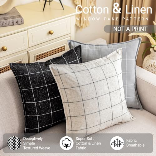 Black and White Plaid 22x22 Pillow Cover, Neutral Throw Pillow Covers 22x22 Set of 2, Modern Farmhouse Buffalo Checkered Decorative Linen Pillow Cover 22 x 22, Black Boho Living Room Decor - color: Black & Beige Plaid Set of 2, size: 22" x 22" (Pack of 2)