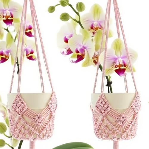 2 Pack Macrame Hanging Planters with Patterns - Stylish Plant Hangers Crochet Boho Plant Holder Hanging Plant Basket for Up to 6 Inch Pots(Pink) - color: Pink