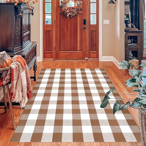 Homydecor Buffalo Plaid Outdoor Rugs, 4'x6' Coffe and White Checkered Area Rug, Layering Rug for Hello/Welcome Door Mat, Washable Cotton Woven Farmhouse Mat for Front Porch Décor - color: Coffee & White Plaid, size: 4' x 6' (Rectangular)