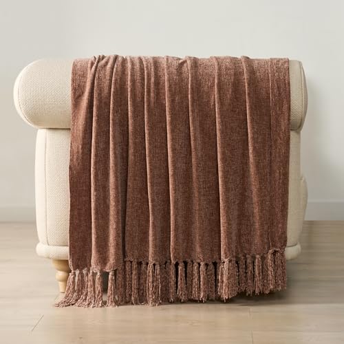 EverGrace Soft Chenille Throw Blanket for Couch, Cozy Plush Fuzzy Decorative Chenille Knit Throw Blanket with Tassels, Lightweight Blanket and Throws for Bed Sofa Gift Home Decor, Clay 50"x60" - color: Clay, size: 50"x60"
