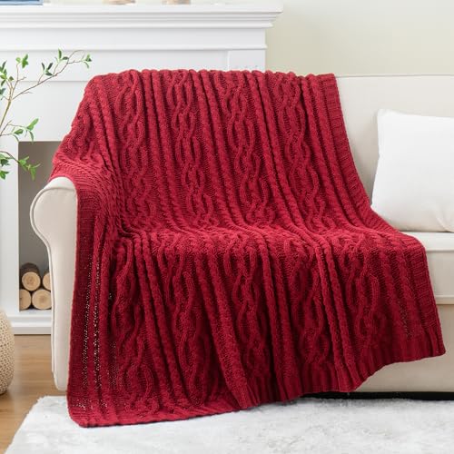 Battilo Christmas Dark Red Throw Blanket for Couch, Bed, Sofa, 51"x67", Woven Chenille Knit Throw Blankets, Gift Blanket, Cozy Warm Decorative Textured Throw Blanket for Living Room - color: Dark Red
