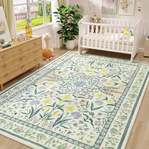 Amearea 6x9 Feet Floral Area Rugs for Living Room, Green Rugs for Bedroom Girls, Cute Kids Room Print Carpet Vintage Low Pile Machine Washable Area Rugs, Office Nursery Dining Room Farmhouse Decor - color: Green, size: 6x9 Feet