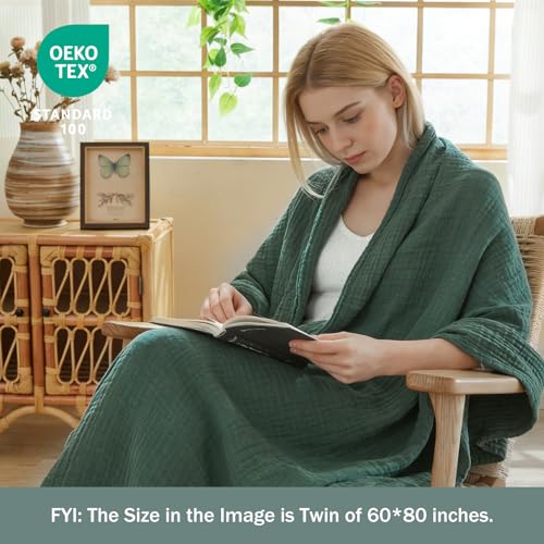 EMME Cotton Muslin Throw Blanket Forest Green 50"x60" Couch Breathable Gauze Blanket Soft Lightweight - color: 09 - Forest Green, size: Throw (50" x 60")