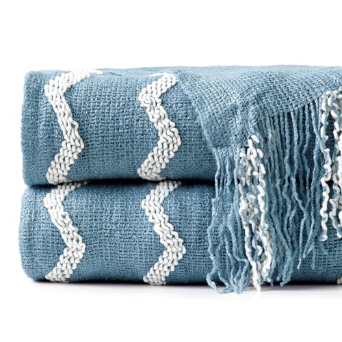 BOURINA Fluffy Chenille Knitted Fringe Throw Blanket Lightweight Soft Cozy for Bed Sofa Chair Throw Blankets, Blue 50" x 60" - color: A-blue, size: 50"×60"