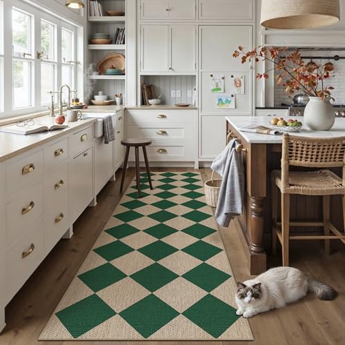 PureCozy 2x8 Checkered Easy Jute Runner Rug Non Slip Hallway Kitchen Washable Outdoor Rug for Entryway Indoor Checkerboard Green Long Indoor Outdoor Carpet for Bedside Entry Front Door Porch - color: Green|checkerboard-1, size: 2' x 8' (Runner)