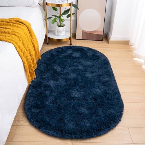 Goideal Fluffy Bedroom Rug, Small Oval Area Rugs, Navy Blue Shag Bedside Carpet for Kids Room Nursery Dorm Cute Fuzzy Indoor Decor for Boy and Girl, 2.6 x 5.3 Feet - color: Navy Blue