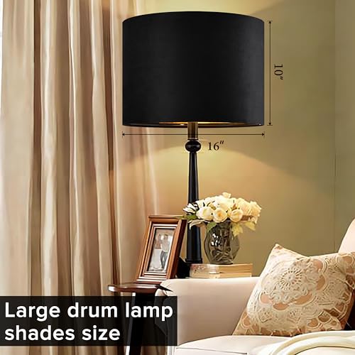 GO&SO Black Velvet Lamp Shades Set of 1 Large Drum Lampshades -16" Top x 16" Bottom x 10" High(Spider) Traditional Fabric Lamp Shade for Table Lamps - Replacement Lampshade - Assembly Required - color: Black-Velvet, size: 16*16*10 inch-1 Pack