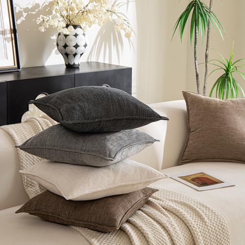 Chenille Linen Throw Pillow Covers 22x22 Set of 2, Thick Textured Boho Pillow Covers, Farmhouse Decorative Pillow Covers, Neutral Vintage Accent Covers for Couch Sofa Bed, Coffee Brown - color: Coffee Brown, size: 22" x 22" (Pack of 2)
