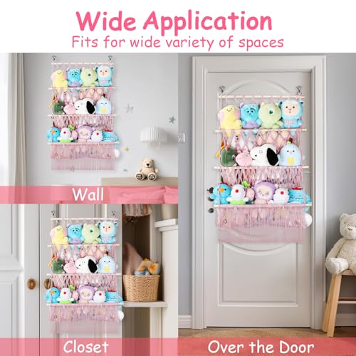 3 Tier Hanging Stuffed Animal Storage Shelf, 24x39 Inch Large Stuffed Animal Organizer Display for Mini Medium Stuffy Teddy, Pink Boho Macrame Stuffy Storage w/ LED Light & Clips for Kids Girls Boys - color: Light Pink, size: Large-3 Tier-24x39 Inch
