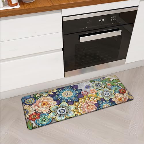 Floral Kitchen Runner Rug Mat for Floor Boho Cushioned Anti-Fatigue Mat Memory Foam Standing Desk Padded Comfort Floor Mat for Sink, Office, Laundry, 17.3x47 Inch - 1/2 Inch Thick - color: Colorful Boho Floral, size: 17.3"L x 17.3"W x 0.5"Th