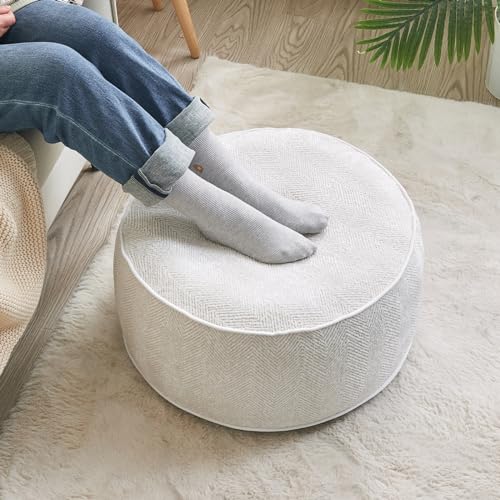Inflatable Pouf Ottoman, 21x10 Inches Stuffed Chenille Ottoman with Inflatable PVC Liner, Foot Rest with Portable Handle, Round Floor Pillow for Living Room, Bedroom, Kids Room - color: White