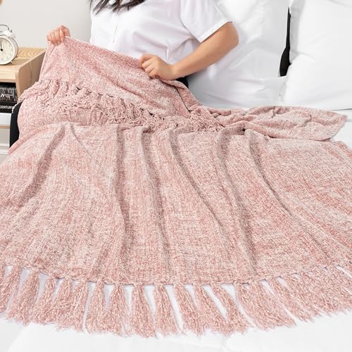PAVILIA Blush Pink Blanket for Couch, Twin Size Bed, Chenille Throw for Sofa Bed, Soft Knit Woven Pink Blanket with Decorative Tassel for Living Room, Blush Pink Twin 60x80 - color: Blush Pink, size: 60 X 80 Inches - Twin