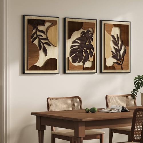 Framed Wood 3D Boho Textured Wall Art for Living Room, Large 3 Piece Carved Wooden Tropical Botanical Artwork for Walls, Brown Monstera Leaf Wood Bedroom Dining Room Home Office Wall Decor, 20x30 Inch - color: Brown, size: 20" W x 30" H x 3Pcs