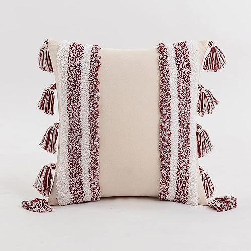 Boho Tufted Throw Pillow with Tassels, Country Thick Striped Style Soft Cushion Cover Decor wuth Zipper for Chair Bed Couch Living Room (Wine Red,18" x 18") - color: Wine Red, size: 18 x 18-Inch