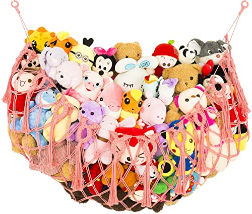 Large Stuffed Animal Net or Hammock for Flat Wall Mounted Handmade Macrame Toy Hammock Plush Display (Pink) - color: pink, size: 60" W