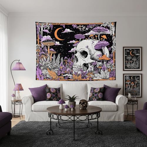 Accnicc Mushroom Skull Tapestry Gothic Skeleton Vintage Plant Tapestries Wall Hanging Botanical Witchy Horror Large Tapestry for Bedroom Living Room Dorm 80 x 60 inch - color: Purple White, size: 80"L x 60"W
