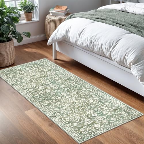 Vintage Washable 2x5 Rug Runner, Sage Green Beige Runners for hallways, Super Soft Kitchen Runner Rug Non Slip, Print Faux Wool Floral Thin Carpet Runner for Entryway Indoor Bedroom - color: Muted Sage Green With Beige Accents, size: 2' x 5' (Runner)