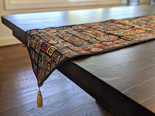 DaDa Bedding Bohemian Tapestry Table Runner - Greek Ethnic Ornament Geometric Calligraphy Black Textile - Multi-Colorful Dark Cotton Linen Woven Kitchen Dining Mats - Oversized 13" x 120" - size: 13" x 120"
