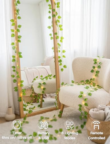 suddus Vines with Fairy Lights Battery & USB Powered Operated, 33ft 100 LED Watermelon Leaves String Lights with Remote, Artificial Plants for Indoor, Bedroom, Wedding, Wall, Party Decor(Warm White) - color: Watermelon, size: 100 LED-Battery-Copper