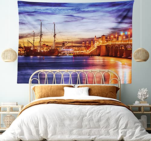 Ambesonne United States Tapestry, St. Augustine Florida Famous Bridge of Lions Dreamy Sunset Majestic, Wide Wall Hanging for Bedroom Living Room Dorm, 60" X 40", Orange Coral - color: Orange Coral, size: 60"L x 40"W