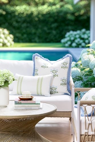 Hofdeco Premium Grandmillennial Coastal Hampton Patio Indoor Outdoor Throw Pillow Cover Only, 20"x20" Water Repellent for Backyard, Couch, Poolside, Baby Blue Green Print Hydrangea Flowers - color: Baby Blue Green Hydrangea Flowers 20"x20"