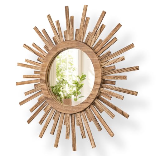 24 Inch Boho Sunburst Mirror, Round Wooden Wall Decor Starburst Sun Mirror for Bedroom, Living Room, Bathroom, Hallway, Balcony, Farmhouse Entryway, Housewarming Gift（Rustic Brown - color: Wood Color, size: 24"L x 24"W