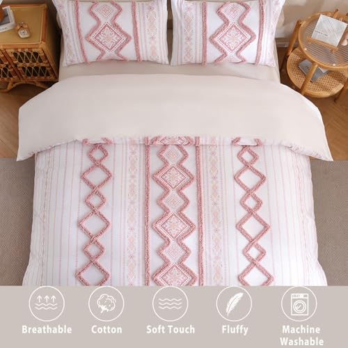 Herside 100% Cotton Boho Duvet Cover Set Queen Size,Shabby Chic Aztec Western Pink Tufted Bedding,Farmhouse Luxury 3 Piece Textured Quilt Duvet Set for All Season Home Decor - color: Pink, size: Queen(No Comforter)