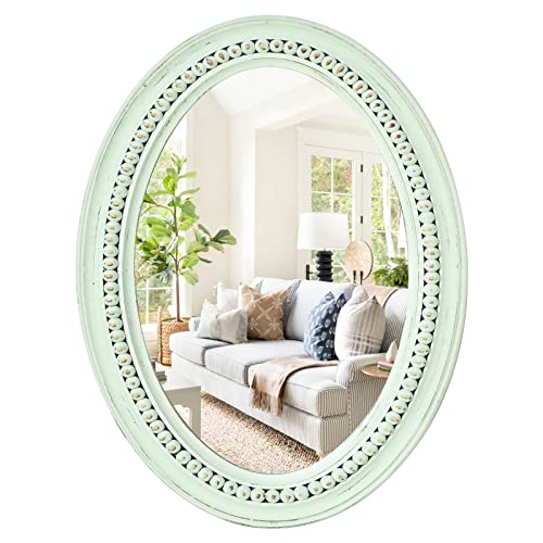 H HOMEWINS Oval Wood Rustic Mirror,20x30 Wooden Oval Decorative Mirrors,Farmhouse Wall-Mounted Green Beads Decor Mirror for Bedroom, Bathroom, Living Room,Vanity - color: Green, size: 30"L x 20"W