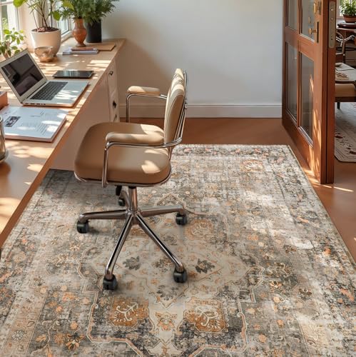 YOH Boho Washable Rug 4x6, Terracotta Vintage Non Slip Area Rug, Distressed Indoor Carpet for Living Room Bedroom Kitchen Office - color: Terracotta, size: 4' x 6' (Rectangular)