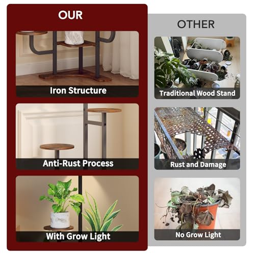 Homsorout Corner Plant Stand with Grow Light - 6 Tier Plant Stand Indoor Round Metal Plant Shelf with Adjustable Light, Plant Organizer for Living Room, Graden, Home Decor (Brown) - color: Brown & Round