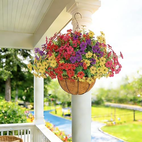 Senjie 12 Bundles Artificial Hanging Flowers with Basket for Outdoor Decor, UV Resistant Faux Flowers Fake Hanging Planter for Porch Patio Balcony - color: Mix 4 Color