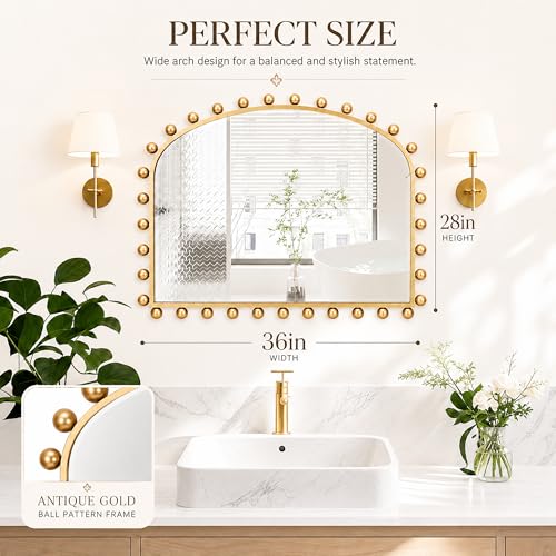36"x28" Wide Arched Wall Mirror, Antique Gold Ball Frame with Beveled Glass, Large Horizontal Mantel Piece Over Fireplace or Above Sofa, Statement Metal Frame for Living Room - size: 28"L x 36"W