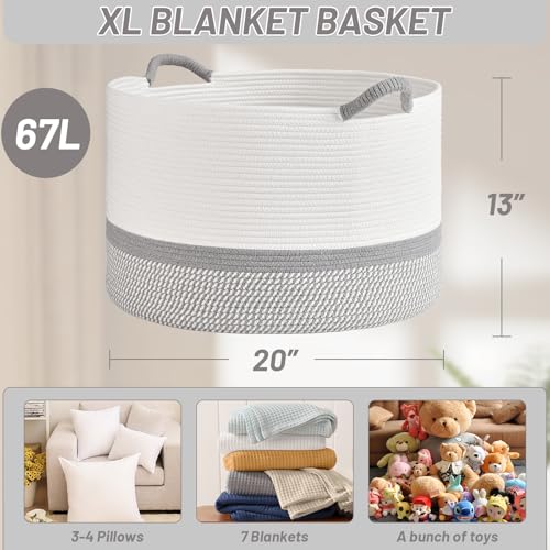 67L Large Blanket Basket, 20"x13" Blanket Basket Living Room, Woven Baskets With Handle, Toy Baskets for Blankets, Nursery, Dog, Pillow, Gift (White & Light Grey) - color: White & Light Grey, size: 67L