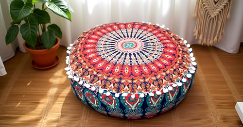 INDIAN CRAFT CASTLE ICC Mandala Barmeri Large Floor Pillow Cover Cushion Meditation Seating Ottoman Throw Cover Hippie Decorative Zipped Bohemian Pouf Ottoman Cases Multi Orange 16" Round - color: Multi Orange, size: 16"D x 16"W x 5"H