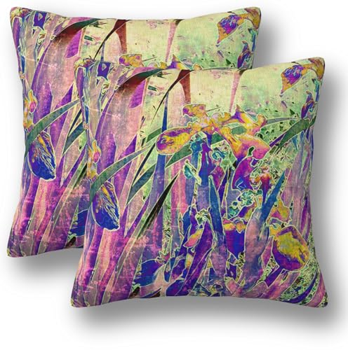 Irises Flower Pillow Covers 18 x 18 Set of 2 Vintage Floral Throw Pillow Cover Abstract Purple Green Leaf Decorative Pillowcases Farmhouse Home Decor for Couch Bed Sofa Outdoor - color: Irises Flower